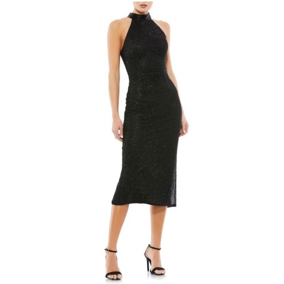 MAC DUGGAL 5531 Black Sequin Halter Neck Midi Formal Cocktail Dress sz 2 - Picture 2 of 5